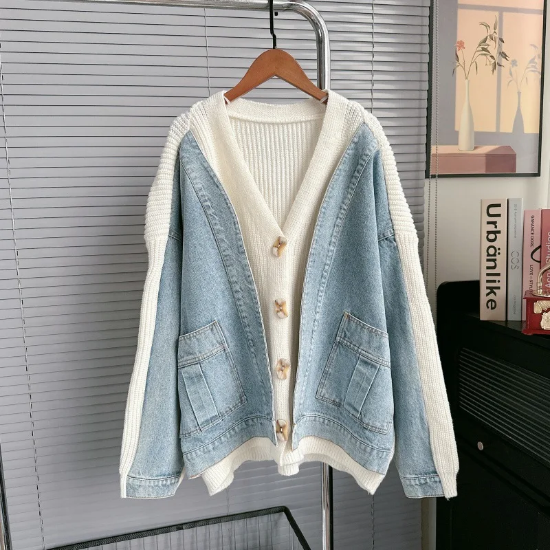 

Cardigan Women Sweaters Coats Y2k Streetwear V Neck Full Sleeve Jumpers Elegant Splice Knit Work Open Stith Autumn Winter 2025