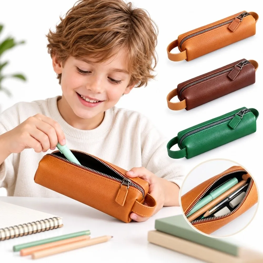 PU Leather Pen Pouch Single Compartment Wrist Loop Pen Bag Waterproof Zipper Closure Stationery Pouch School Office Supplies