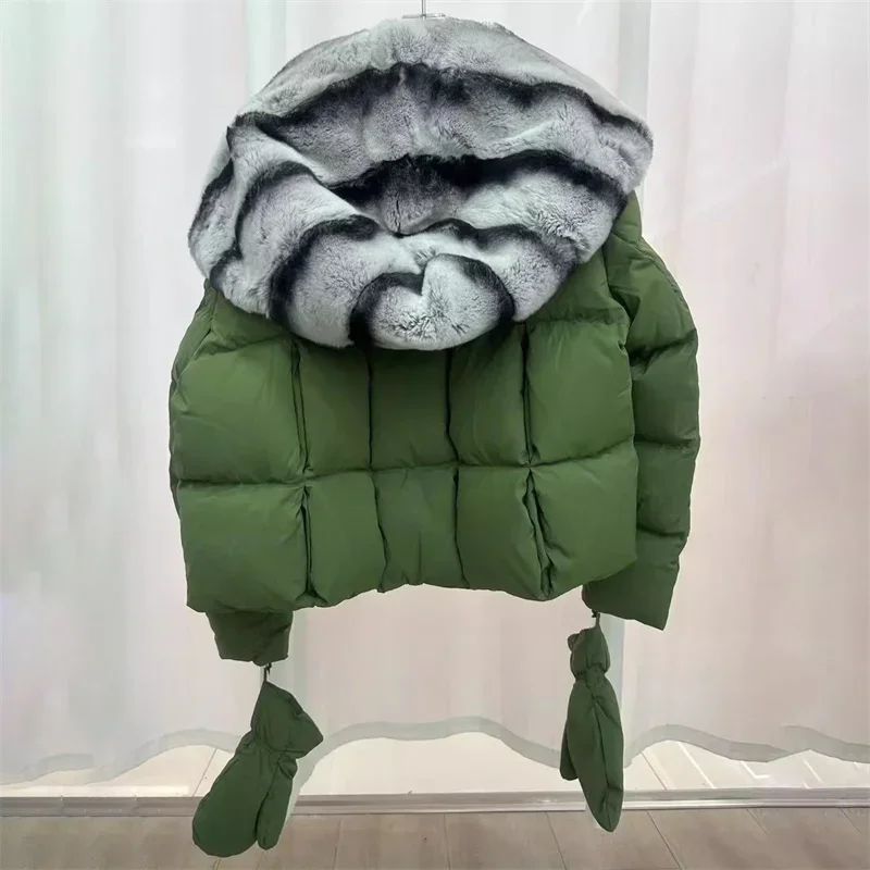 Women's winter jacket 2025 New detachable rabbit fur collar hooded down jacket White duck down filled down coats warm thick coat