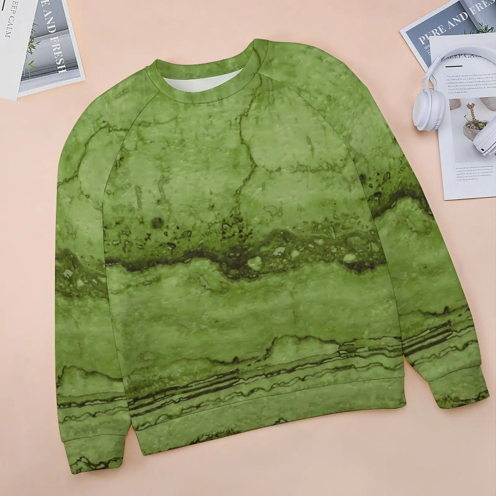 Green Abstract Moss Hoodies Granite Marble Street Wear Oversized Hoodie Female Long-Sleeve Trendy Custom Casual Sweatshirts