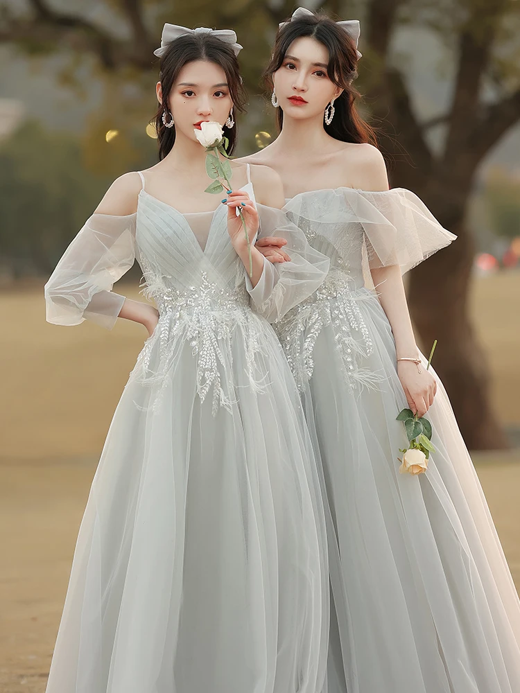 

Gray Bridesmaid Dresses A-Line V-neck Sequins Applique Tulle Prom Gowns for Wedding Party 2024 Women's Robe Demoiselle D'honneur