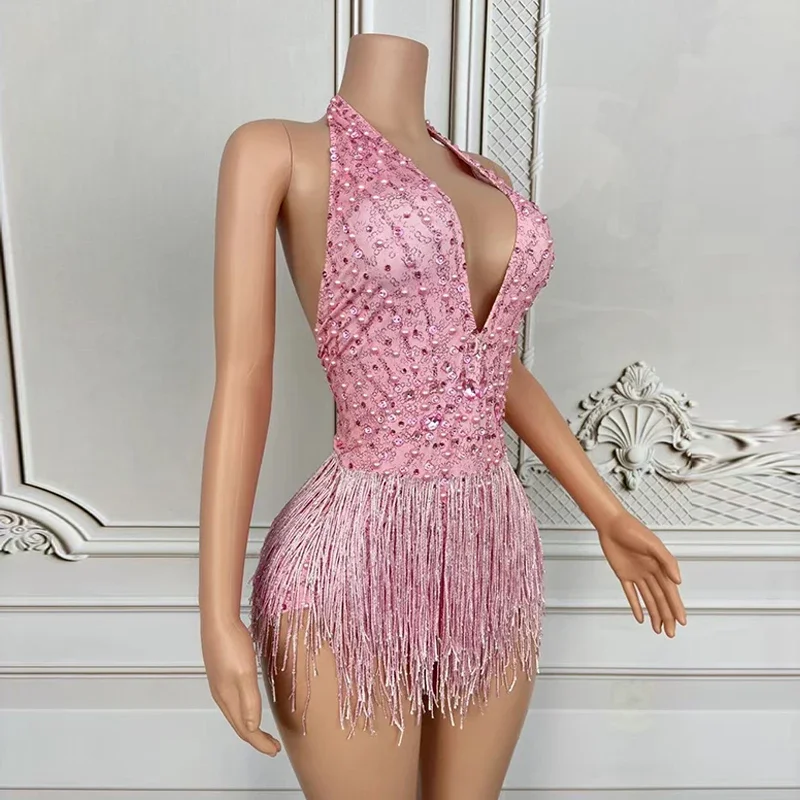 Kombinezon Klubowy Karnawałowy Różowy Perłowy Body Damskie Sexy Gogo Tancerka Klub Nocny Bar Impreza Rave Odzież Klubowa Stroje Burning Man