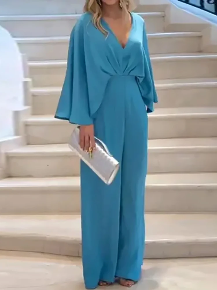 

Summer Elegant V-neck Wide Leg Jumpsuit Women Casual Batwing Sleeve Loose Blue Romper 2026 Fashion Commute Draped Long Playsuit