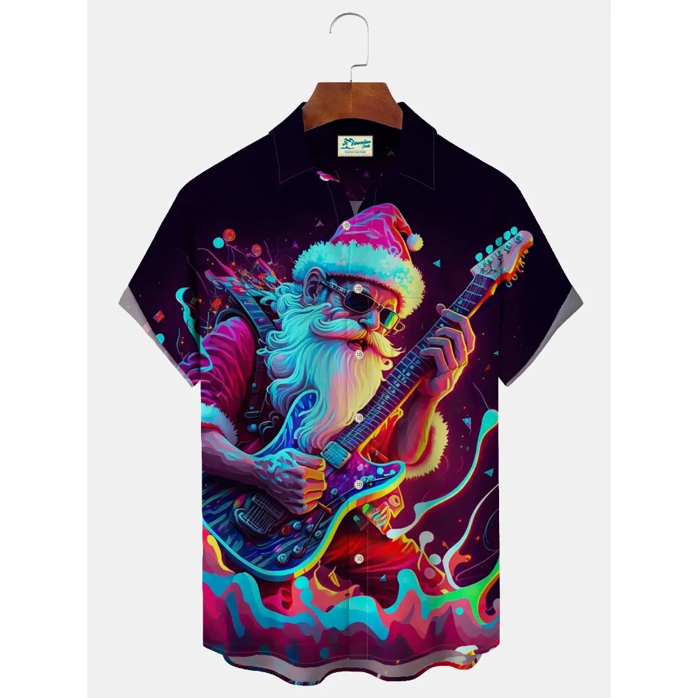 2024 New New Year Men's Christmas Shirt Short Sleeve Button Holiday Hawaiian Shirt Men's Santa Claus Golf Printing