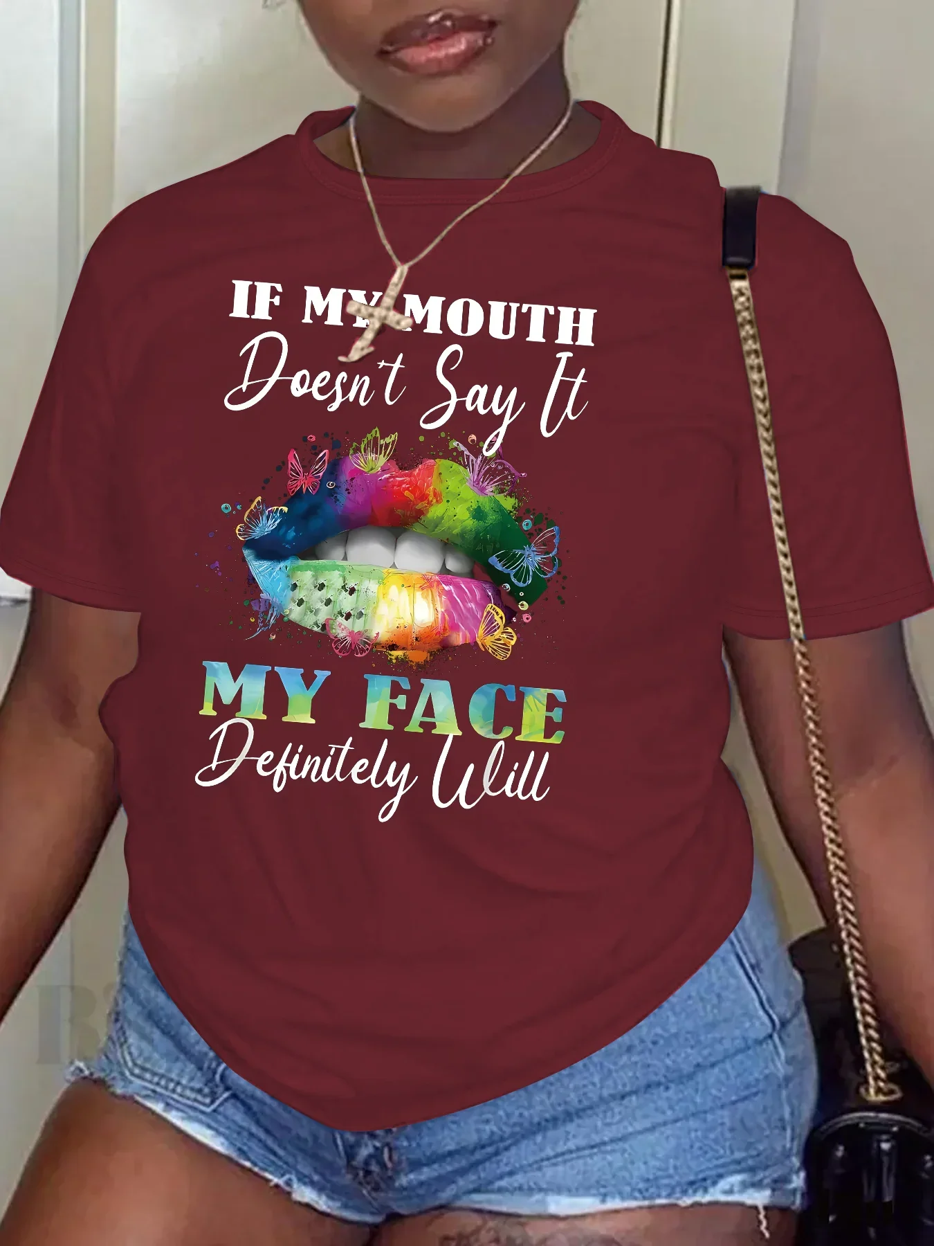 Plus Size Dames Zomer Casual Korte Mouw Bedrukte Lippen Grafisch Top T-Shirt Bedrukt Letters Mijn Gezicht 6 Kleuren Plus Maat T-Shirt