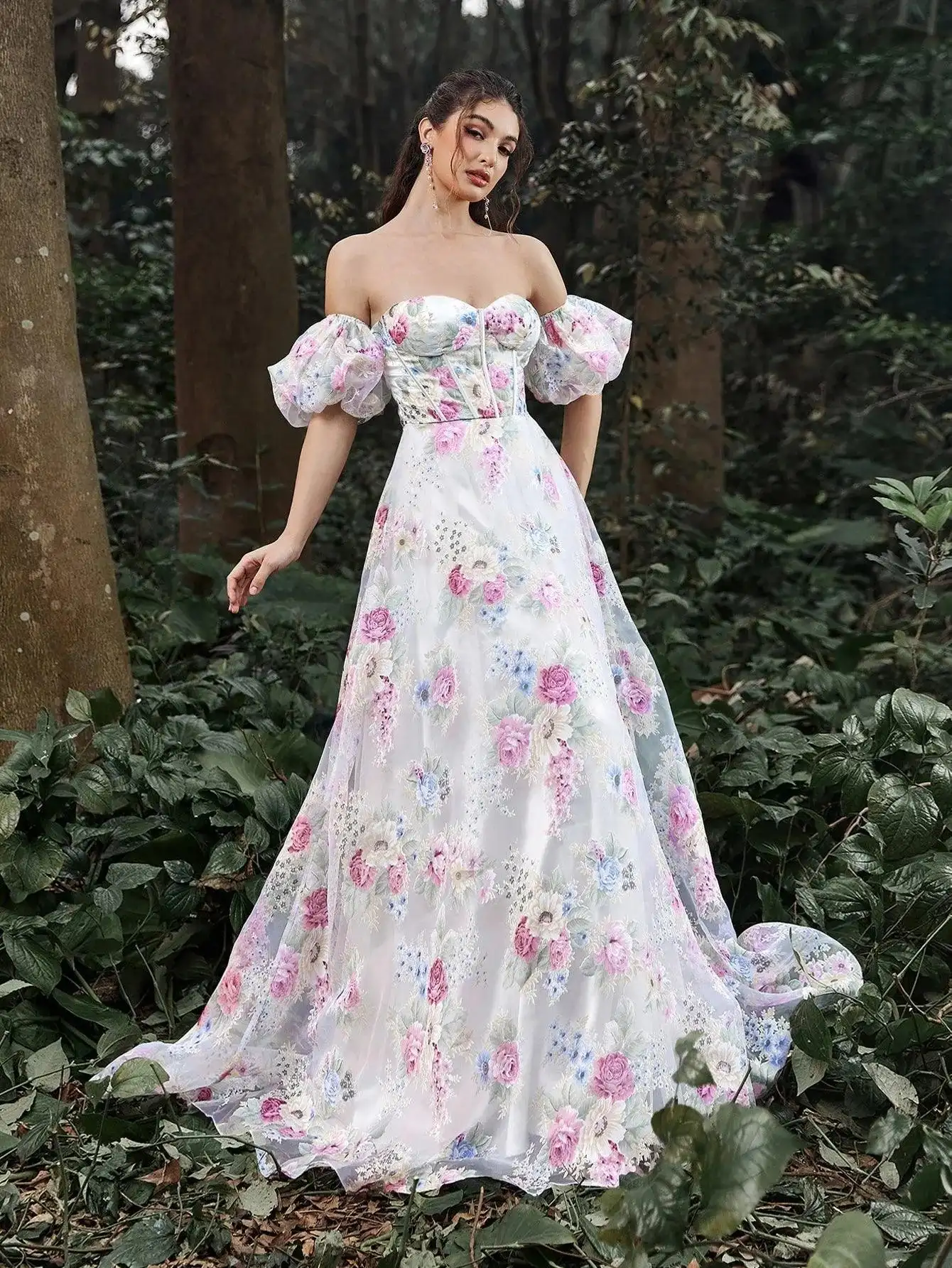 Robe de Bal Élégante en Organza à Manches Bouffantes, Imprimé Floral