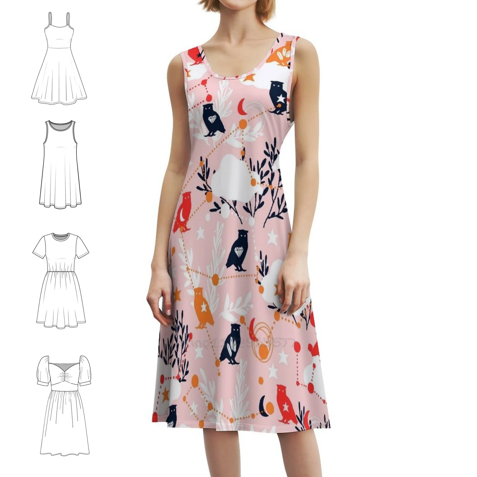 

Милое платье в корейском стиле с рисунком совы для женщин Элегантное повседневное платье для вечеринки или повседневного ношения Розовый Синий Темно-синий Красный Оранжевый