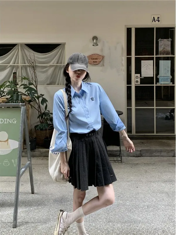 

Spring 2026 Anti-UV Blue Shirt And Pleated A-Line Skirt Set Women's College Style Fashion Two-Piece Suit for Young Adults
