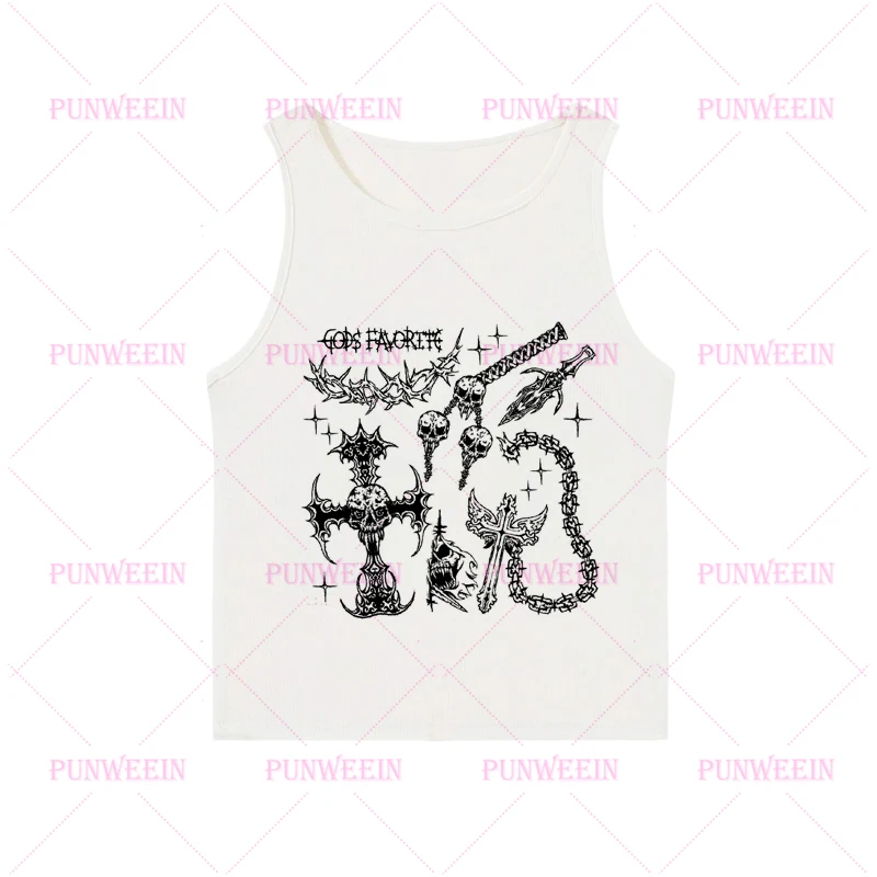 เสื้อกล้ามครอปสีขาวพิมพ์ลายกะโหลกศีรษะสไตล์วินเทจ กรันจ์ สตรีทแวร์ พังก์ ฮาราจูกุ กอธิค อีโม สำหรับสาวๆ