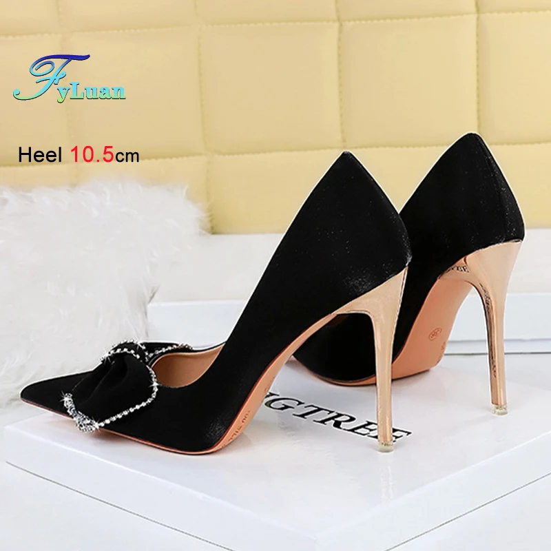 

New Fashion Banquet Womens Pumps 10.5cm High Heels Pointed Toe Crystal Butterfly Knots Lady Satin Stiletto Wedding Single Shoes