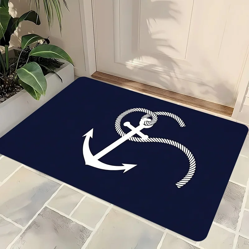 VIKAMA Navy Blue Anchor Pattern Anti‑slip Door Mat Marine Style Floor Rug For Indoor Entrance Decoration