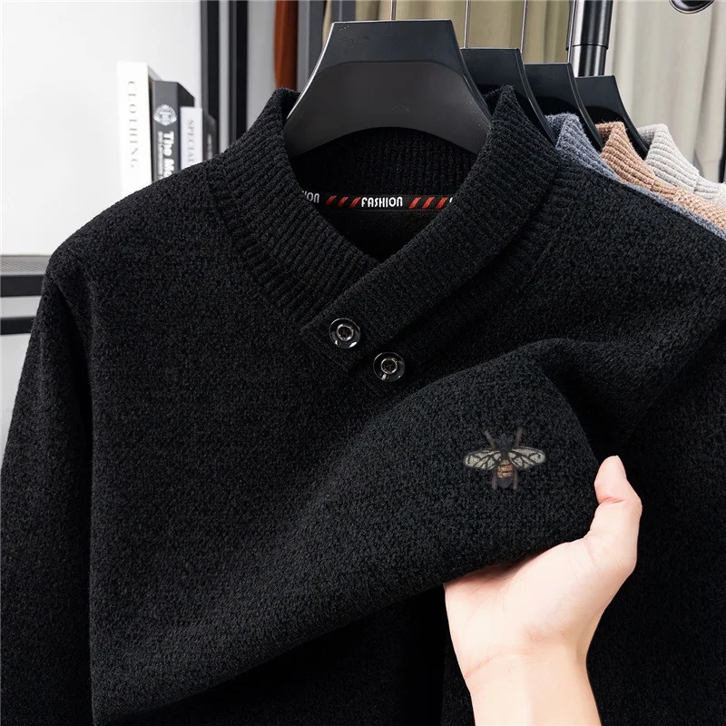 

High Quality Men's Scarf Collar Pullover Long Sleeve Knit Sweater Hot Sales Winter Bee Print Fashion Leisure Business Men's wear