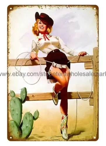 retro western art cowgirl lasso rope metal tin sign nostalgic  metal wall decor