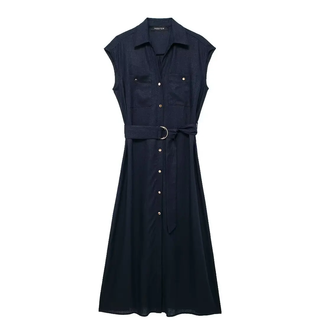 TRAF-Robe chemise mi-longue en mélange de lin pour femme, coupe couvertes, style de rue décontracté, revers, longueur de rinçage, été, 2024