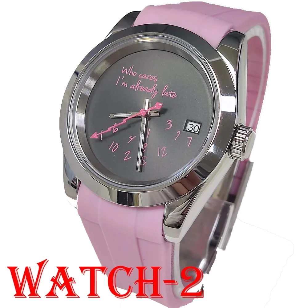 39mm man NH35 Silver Watch Who cares I'm already late sapphire crystal NH35A movement stainless steel digital dial pink hand