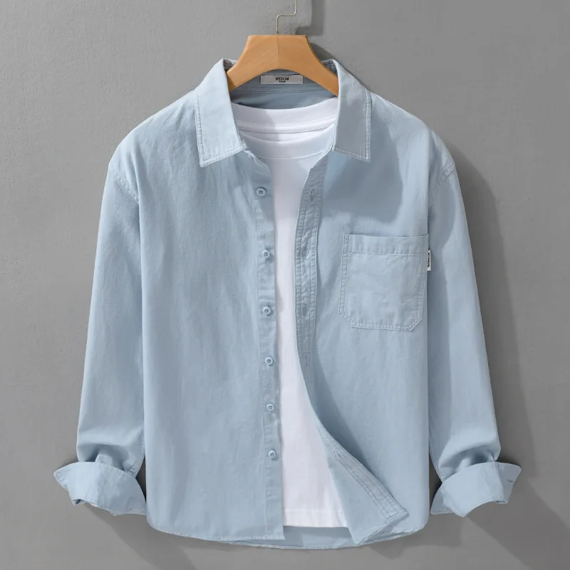 

Удобная мужская повседневная блузка из чистого хлопка, простой дизайн, весна-осень, свободная универсальная блузка M, длинный све, квадратный воротник