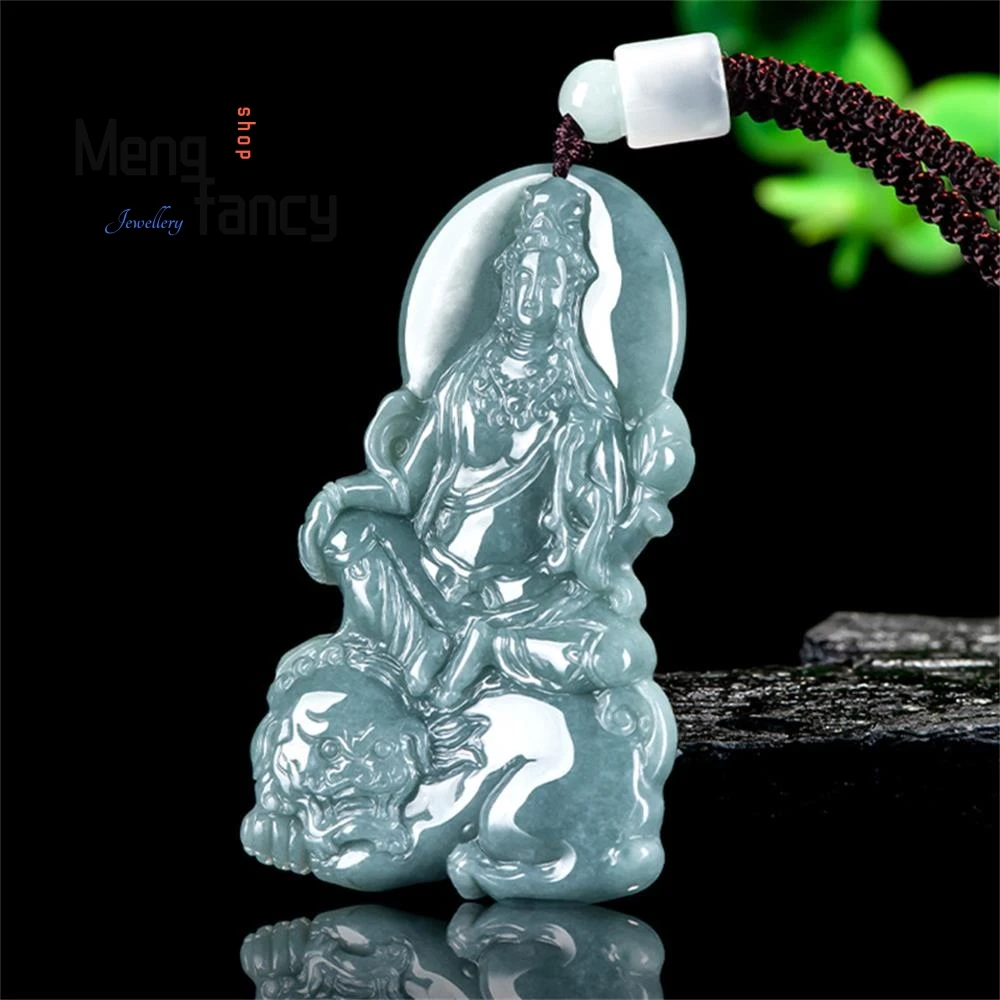 Genuine Natural A-goods Jadeite Blue Water Manjushri Bodhisattva Zodiac Rabbit Guardian Deity Jade Pendant High-grade Jewelry