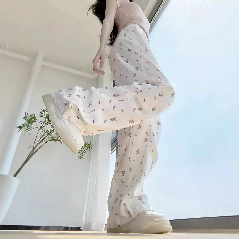 여성용 바지여성용 바지바인드 피트가 있는 꽃무늬 작업 바지 Y2K 루즈 팬츠여성용 신축성 있는 바지겨울 바지