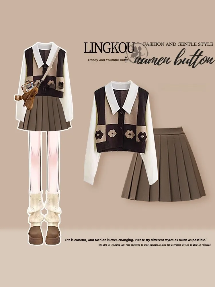 

Korean Style High Waist Pleated Short Skirt And Knitted Top Women's Fashion Set Autumn Season Casual Wear Pear Shape Fit