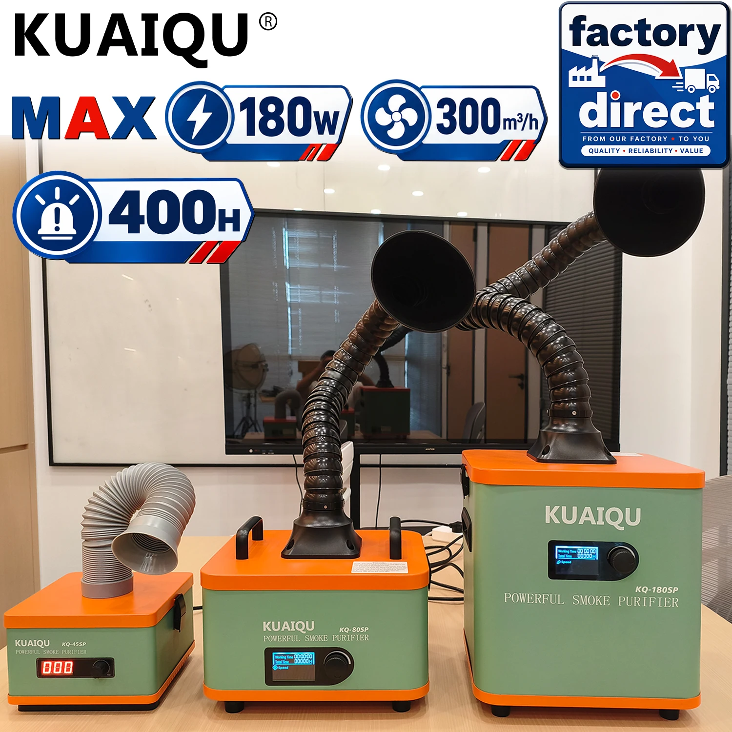 KUAIQU 180W Desktop Solder Fume Extractor Smoke Absorber 45W 80W HEPA Filter Activated Carbon 400H Filter Replacement Reminder