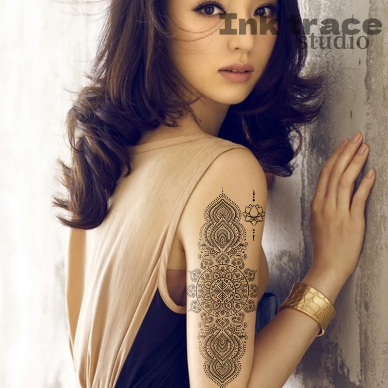 6PCS Black Vintage Tattoo Sticker Hand Back Pattern Mandala Flower Clavicle Temporary Tattoo Decal