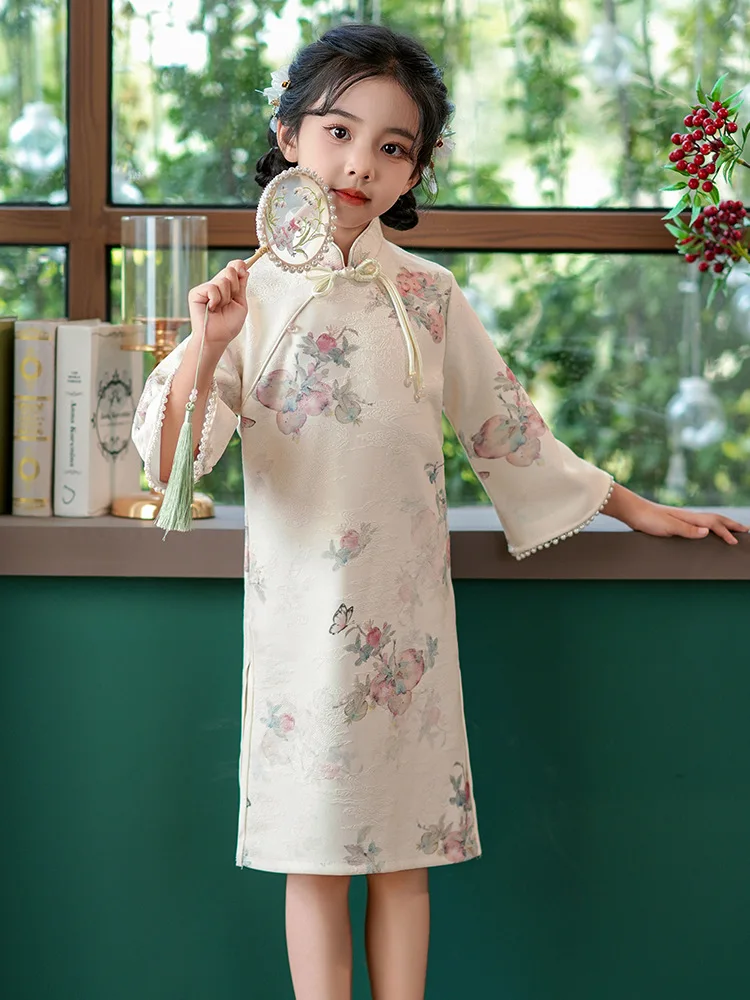 Autumn And Winter Girls' New Chinese Ink Painting Cheongsam Dress Performance Festival Travel Style Dress Thickening Fashion