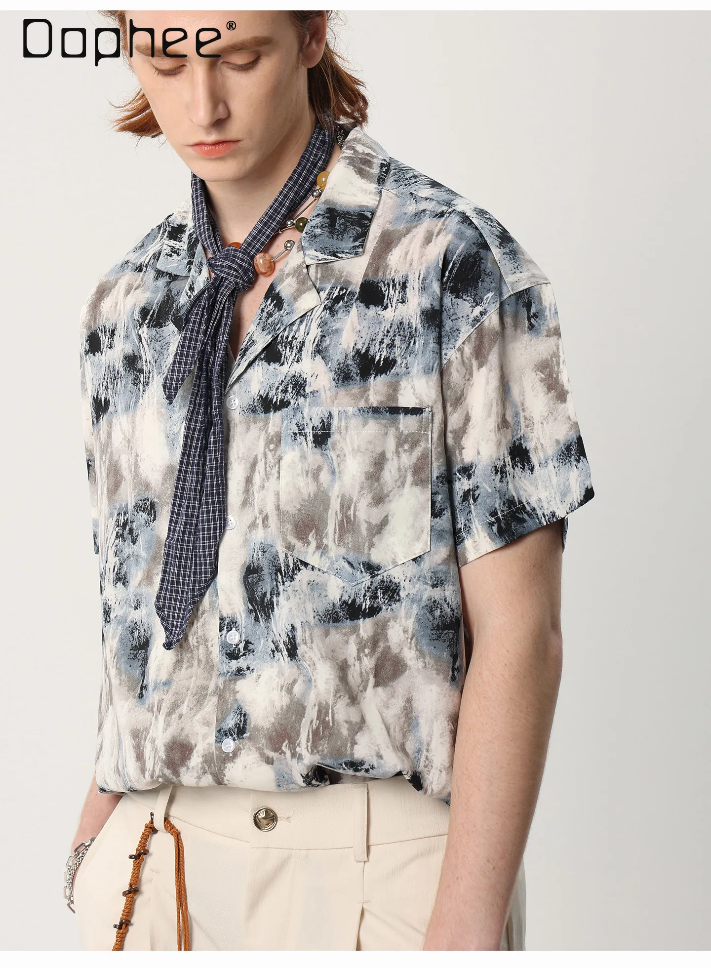 2026 Summer Retro Grey Black Marble Brushstroke Print Short Sleeve Shirt Men Loose Fit Cuban Collar Casual Streetwear Top