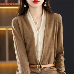 RONGYI Fake Two-Piece Cashmere Cardigan Women's Early Autumn New V-Neck Loose Thin Sweater Color Matching Wild Wool Knitted Coat