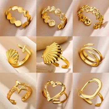 316L Stainless Steel Shell Rings for Women Adjustable Gold Color Little Star Open Rings…