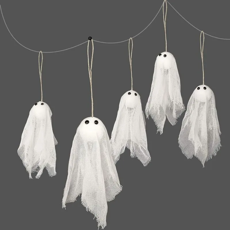 

12Pcs Small Hanging Cute White Ghost with White Creep Cloth Black Eyes for Halloween Party Decoration Pub Party Decor