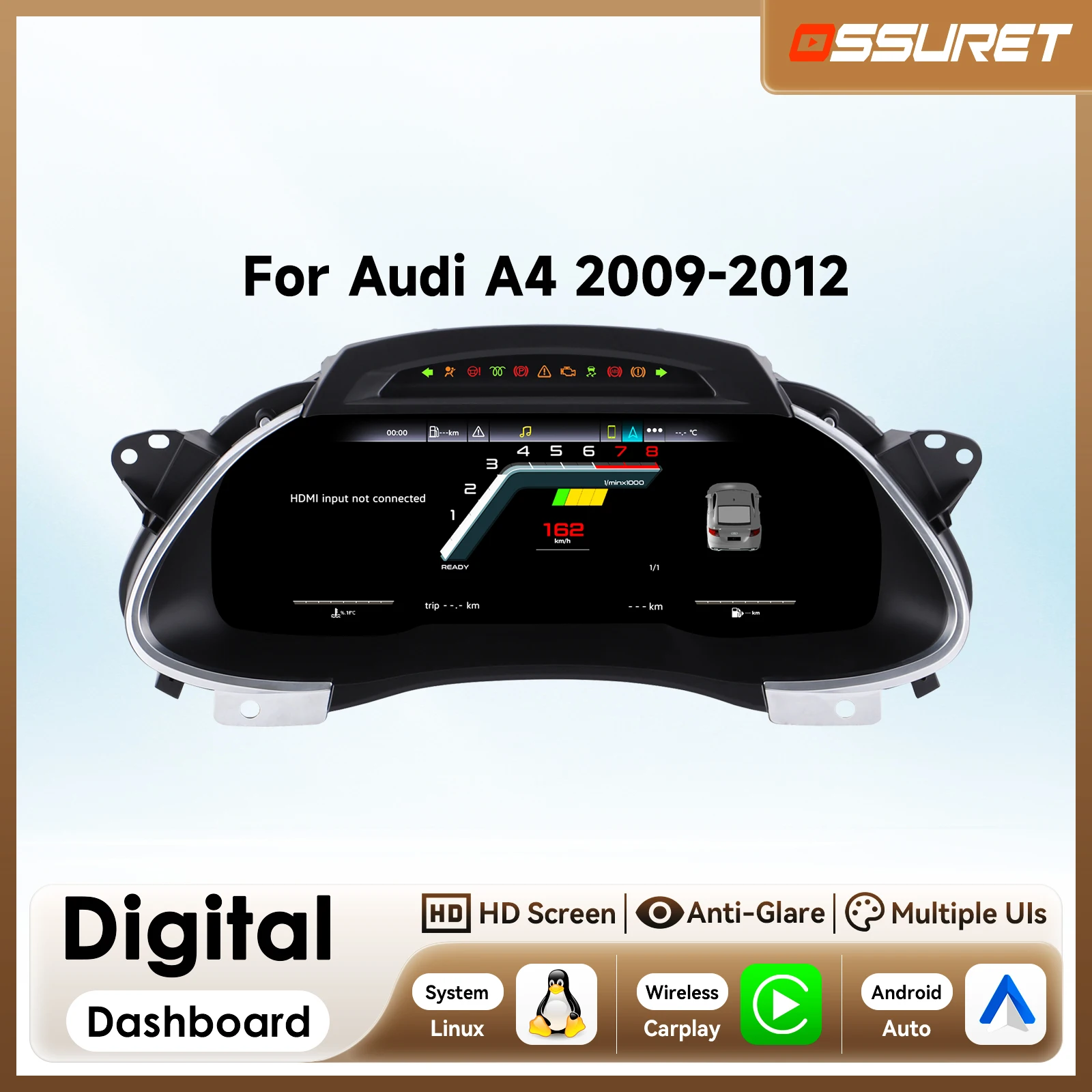 

1920*720 Car LCD Dashboard panel for AUDI A4 2009 - 2012 Digital Instrument Cluster Virtual Cockpit Gauge Carplay Android Auto