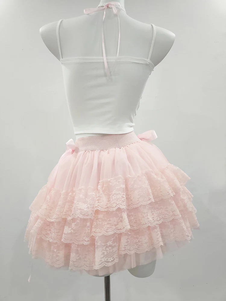 Pink Multilayered Lace Skirts for Sweet Girls Summer Bows Decoration Elastic Waist Lolita Style Cute Skirt Kawaii Clothes