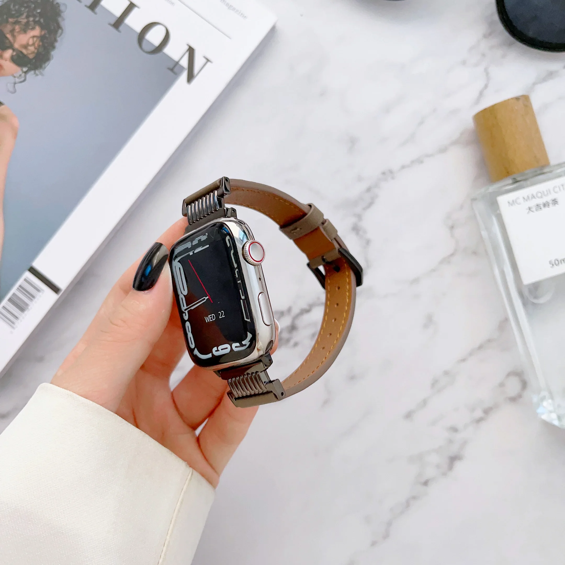 애플 워치용 가죽 스트랩, 스테인레스 스틸 스티칭, 아이워치 8, 7, 6/5, 49mm, 46mm, 38, 40, 41mm, 42, 44, 45mm