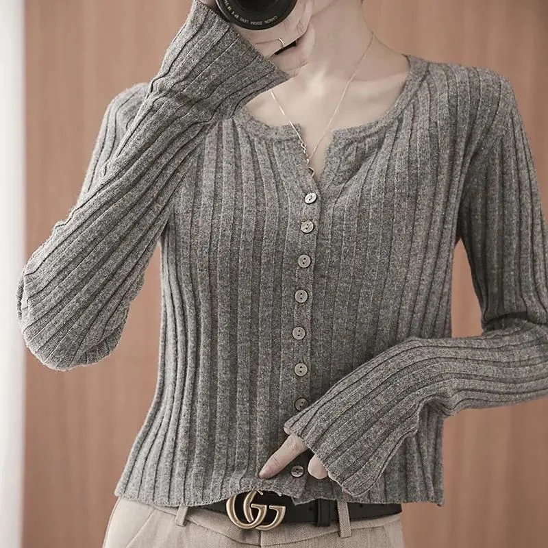 

Soft Glutinous Knitted Cardigan Women Autumn Winter Short High-waisted V-neck Jacket Long-sleeved Sweater Top Trendy