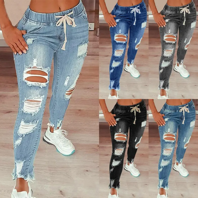 

New Light Color Fashion Women's Jeans Ripped Skinny Sexy Hip Slim Jean Mom Spandex Denim Clothing jeans Female Overalls Pants