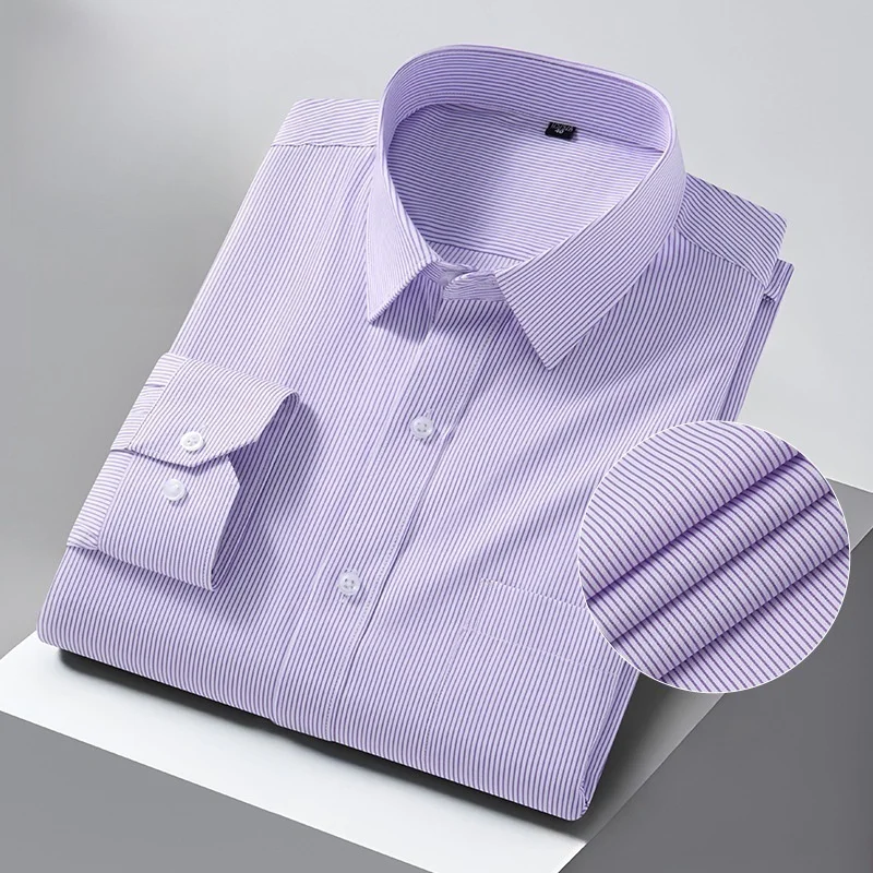 Men Formal Shirt Long Sleeve Office Solid Color Striped Anti-Wrinkle Fashion Business Pocket White Social Shirt Men's clothing