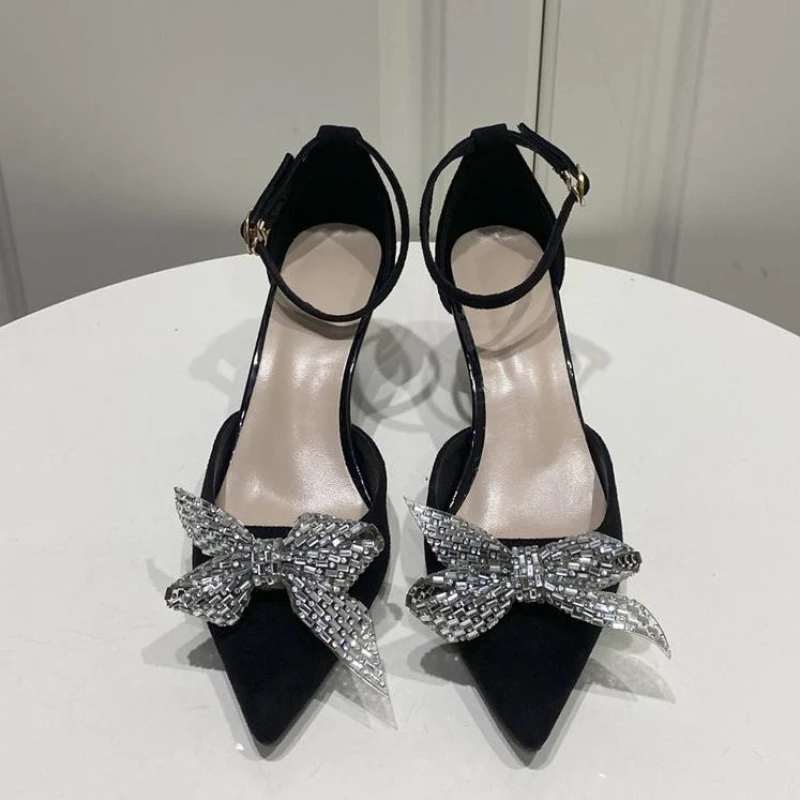 Shoes bowknot Rhinestone Women Pumps High Heels 7 CM Stiletto Women shoes buckle Summer Women Sandals Luxury party shoes