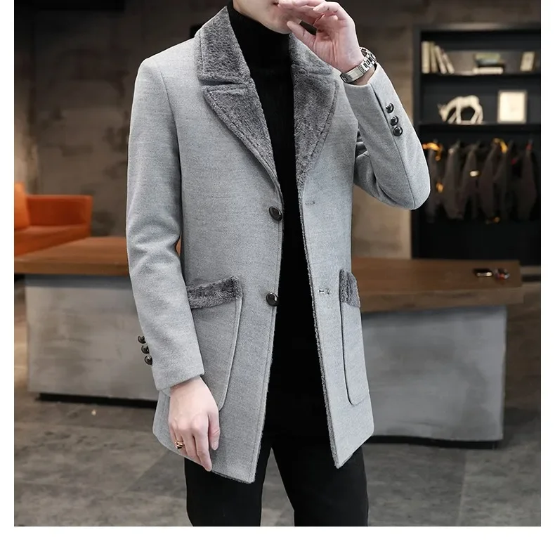 2024 Autumn and Winter New Men's Fashion Fur-in-one Lapel Mid-length Slim Woolen Overcoat From Japan and South Korea.