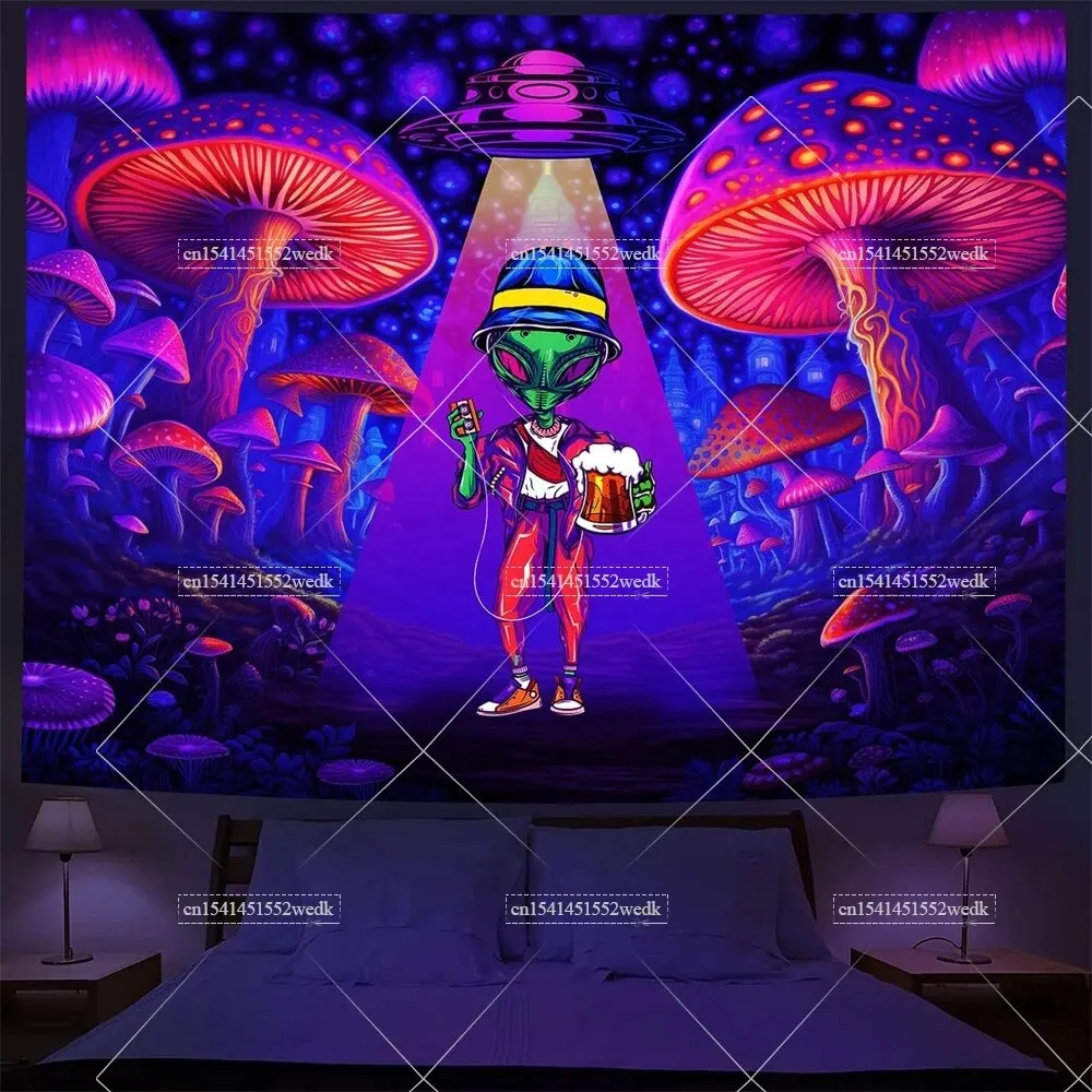 Blacklight Alien Tapestry UV Reactive Fantasy Mushroom Black Light Tapestrys Neon Glow In The Dark Aesthetic Party Backdrops