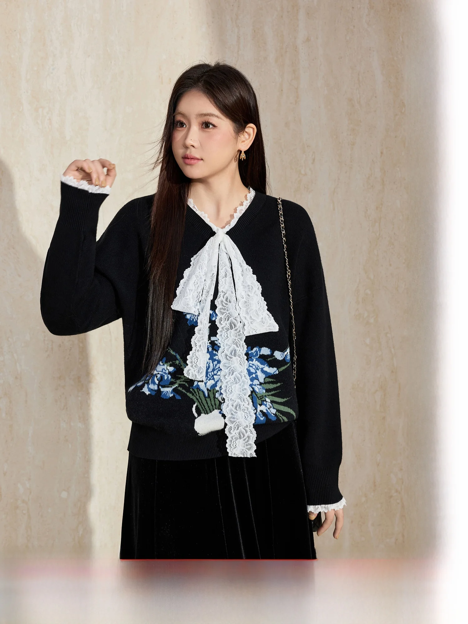 

Blue Language Large Size Knitted Lace Patchwork Hoodie Sweater Loose Fit Winter Slimming Bla Inner Wear Top Commute Sle