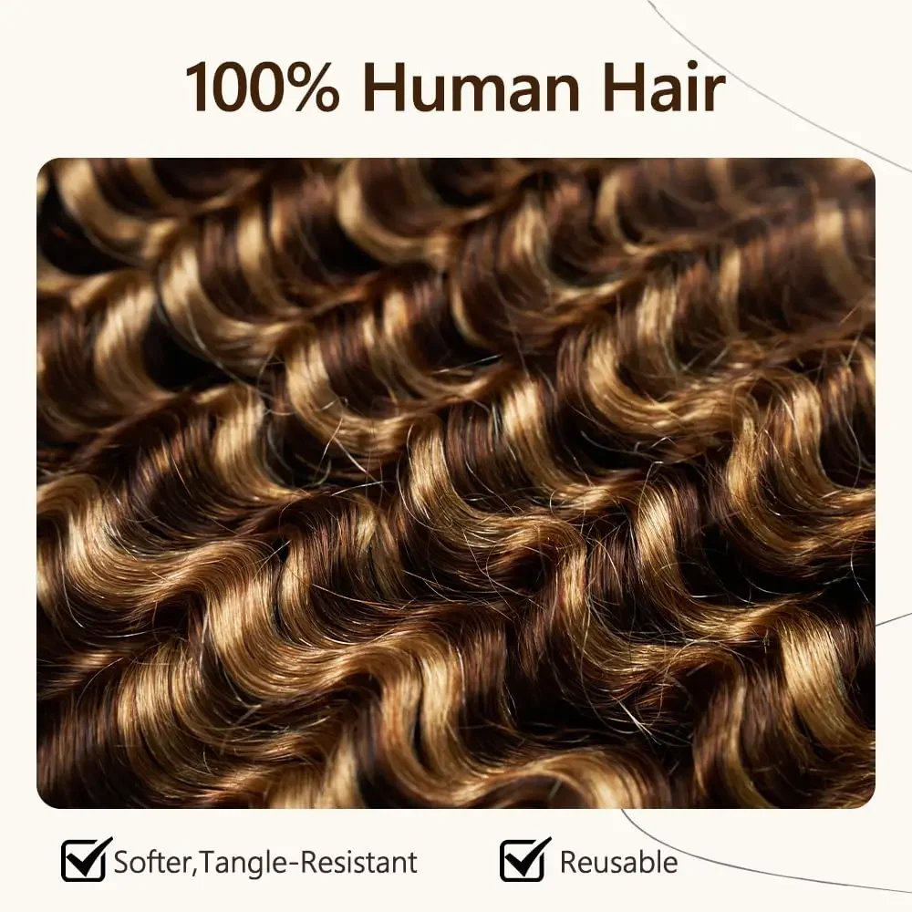 Deep Wave 4/27 Highlight Brown Boho Braids Human Hair Raw Vietnamese Remy Hair Deep Curly Extensions Pre-separated Feather Crochet Hair Bulk for Braiding Soft Fluffy Lightweight for Women Daily Wear