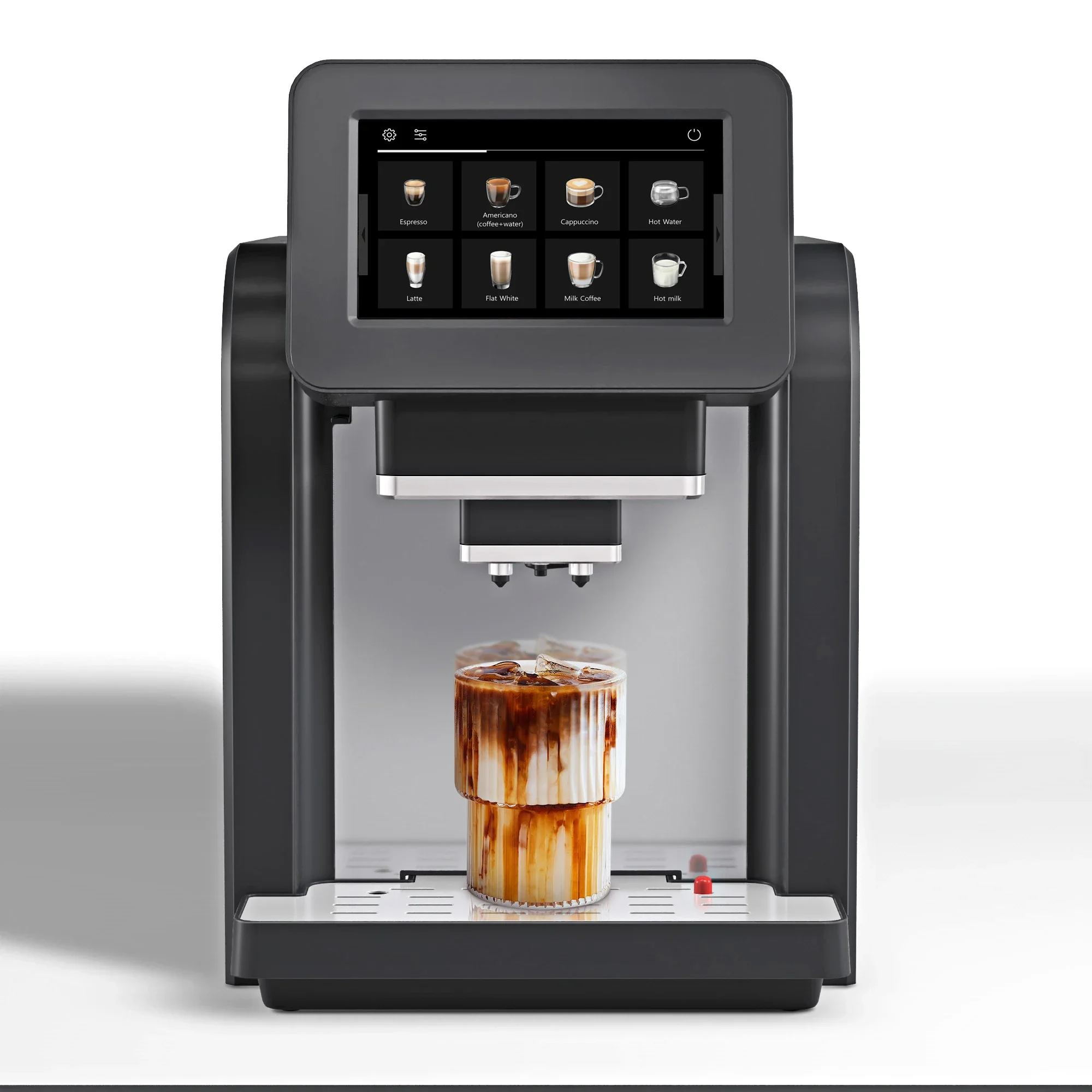 High-capacity automatic espresso machine with temperature control, brewing system, touch screen, milk carton, self-cleaning