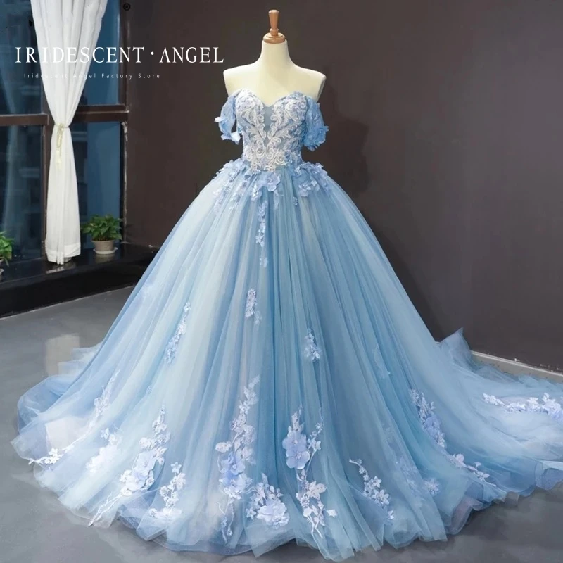 IRIDESCENT Ball Gown Light Blue Off Shoulder 15 Year Old Dress For Young Quinceanera Dresses 3D Flowers Evening Party Prom