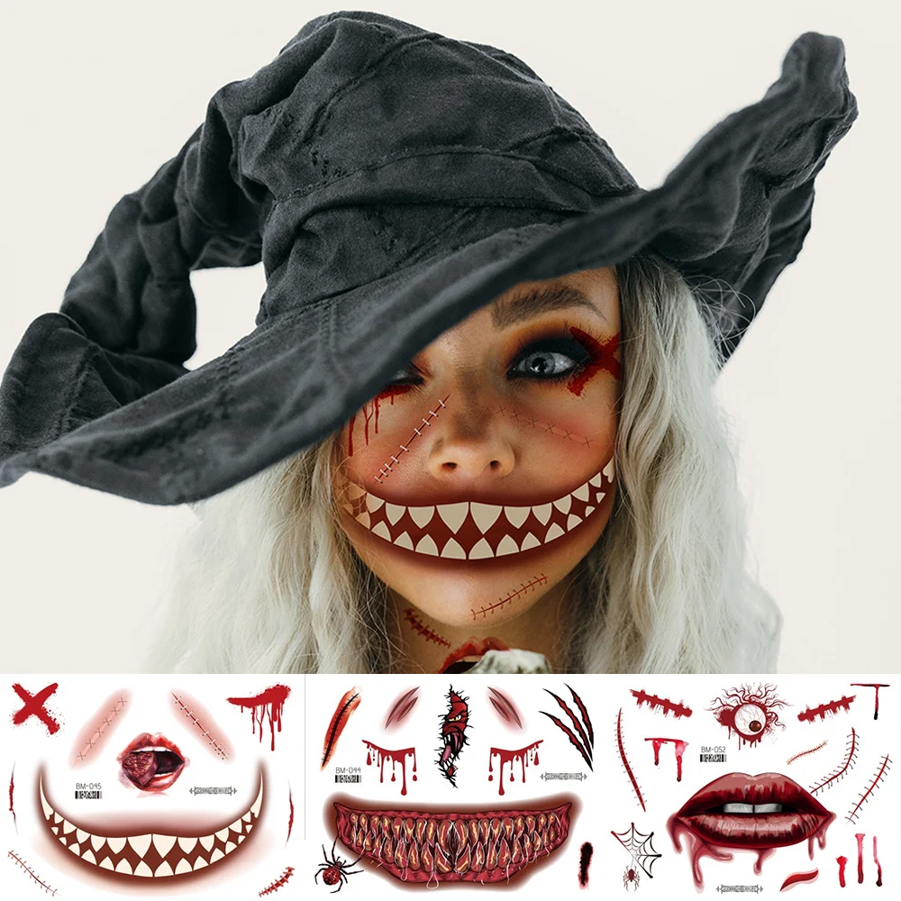 Halloween Face Makeup for Women Men Big Mouth Temporary Tattoo Stickers Disposable Funny Fake Tattoo Waterproof for Saints\' Day