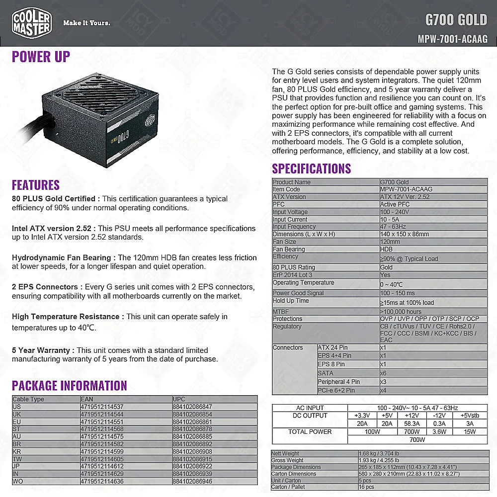 Imagem -06 - Cooler Master 700w sem Módulo Nível de Entrada 80 Plus Ouro Atx Unidade de Fonte de Alimentação Tensão de Entrada 100240v Sinal de Alimentação 100150 ms G700