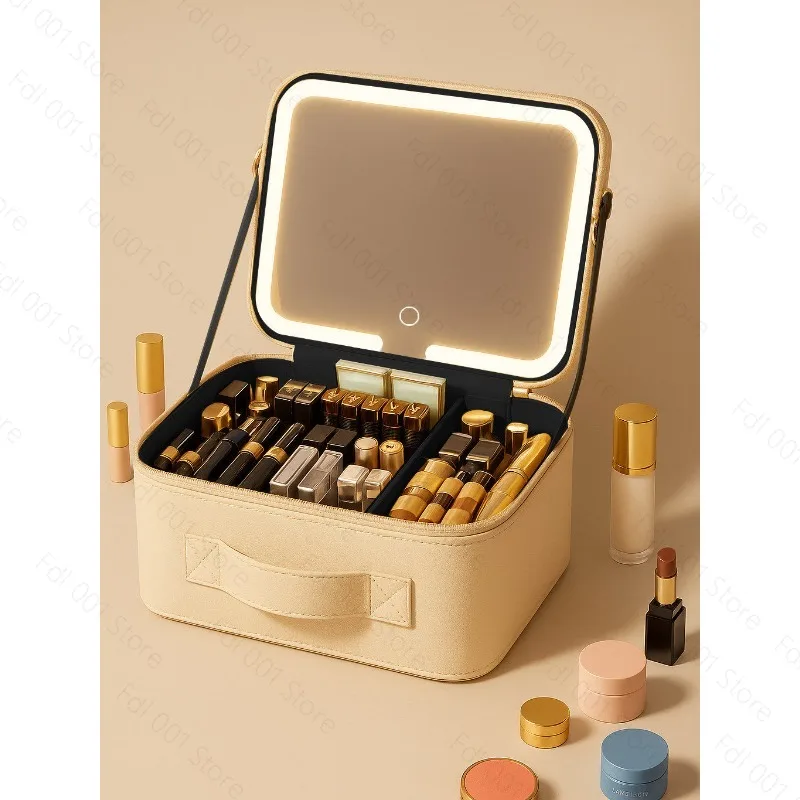 Women LED Lighted Makeup Case with Mirror Large Capacity Portable Travel Cosmetic Bag Detachable Organizer Storage Box