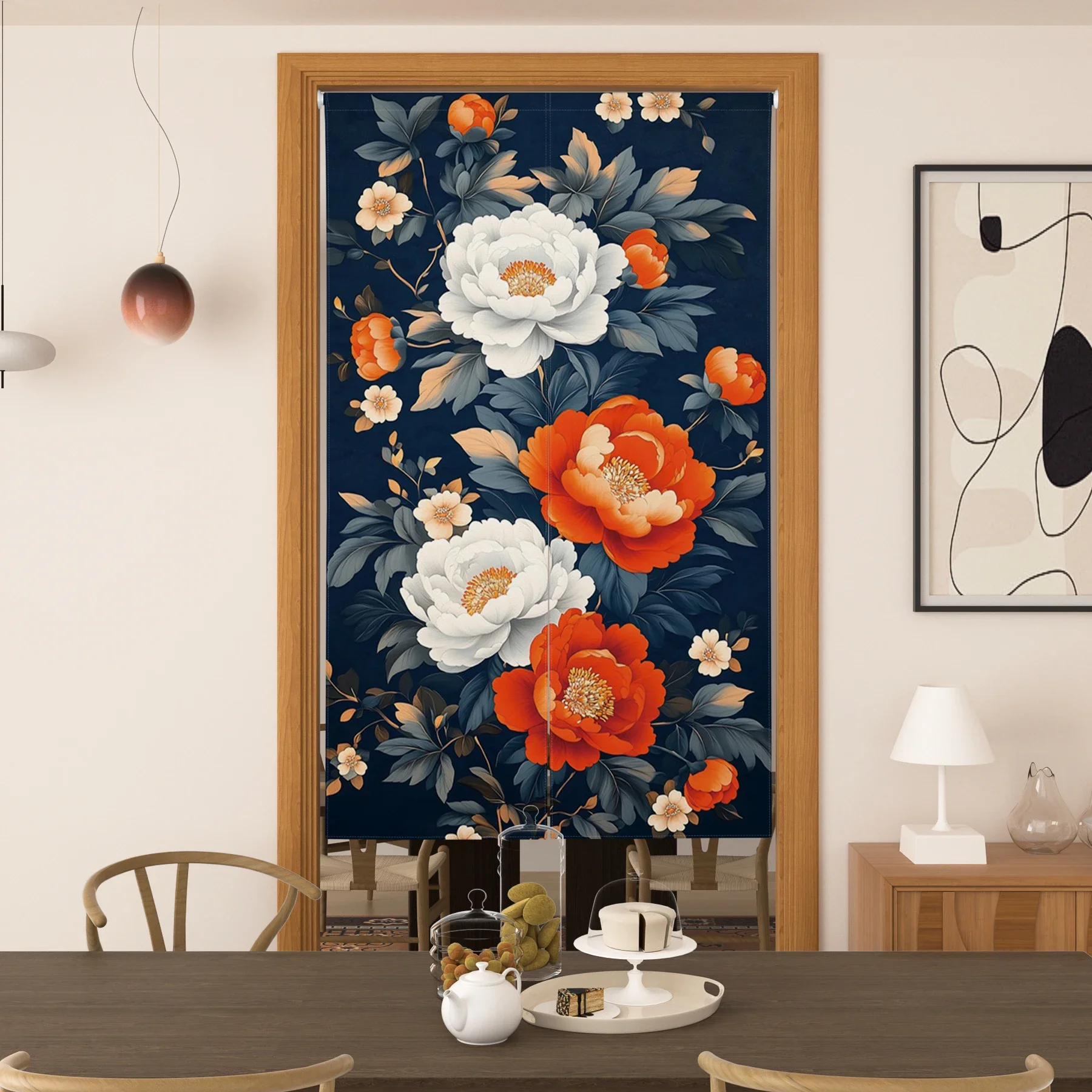 Floral Pattern Door Curtain Noren Kitchen Living Room Partition Decoration Traditional Chinese Floral Half Curtain for Doorway