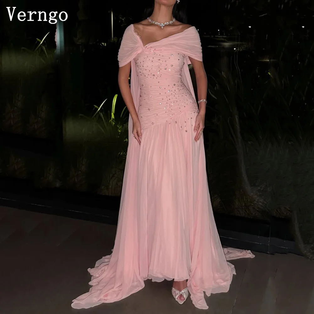 

Verngo Pink Chiffon Sequined Eveninf Dress Short Sleeves A Line Formal Occasion Dress Maxi Saudi Arabia Prom Gowns Customized