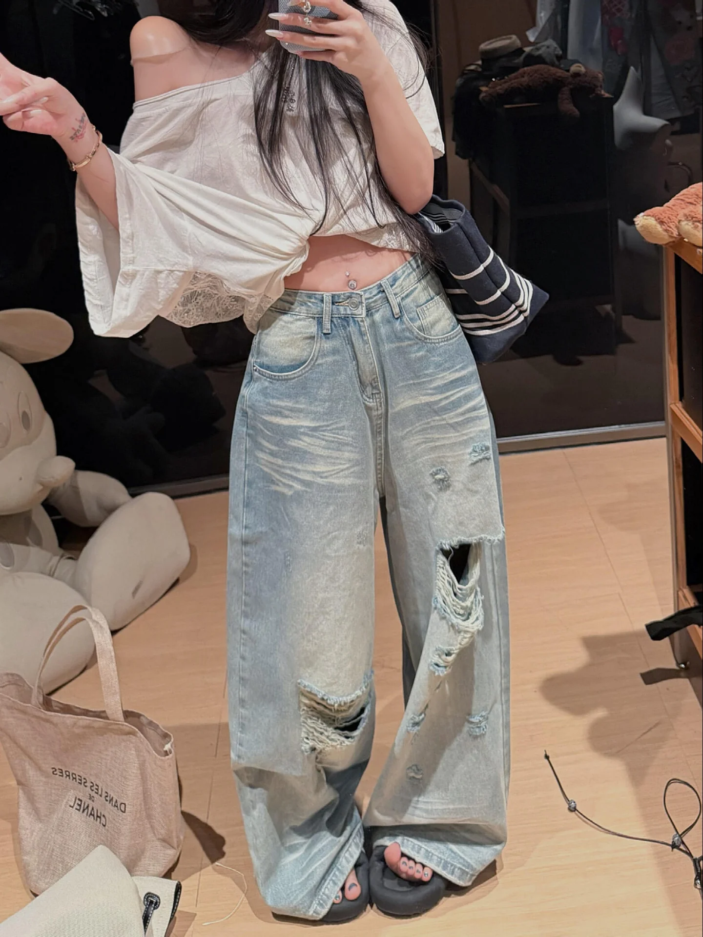 

Retro American Vibe plus Size Distressed Denim Jeans Women Summer Street Style Loose Casual Wide Leg Long Trousers