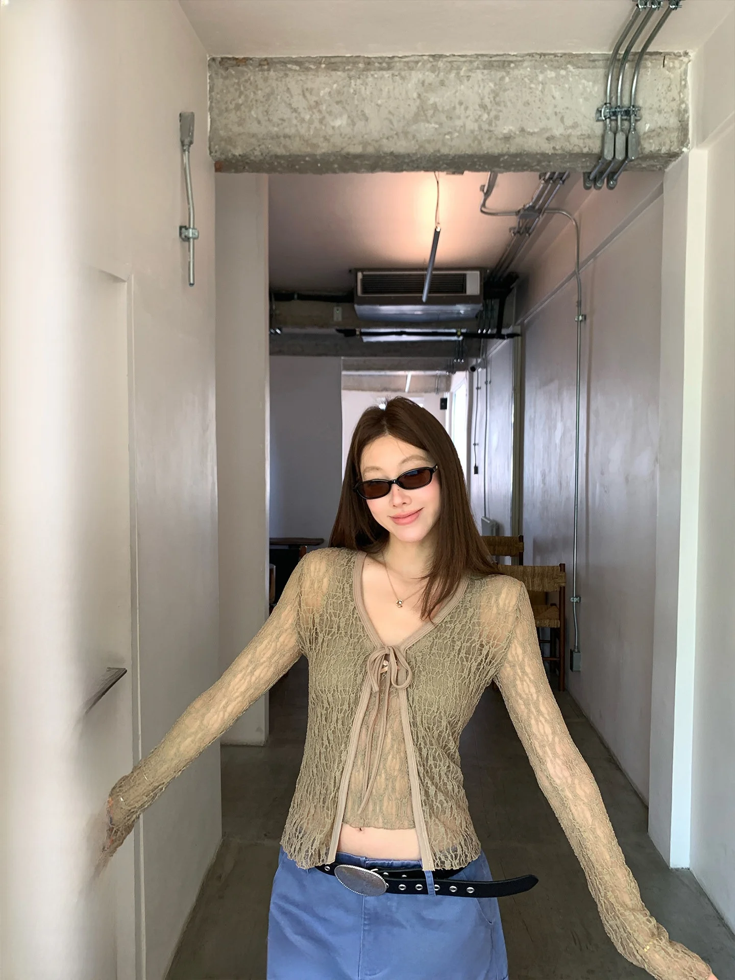 

Ranwear Exclusive Dyeing Drunken Moment Lace Set with Built-in Chest Pad V-neck Long Sleeve Open Cardigan Women's Fashion